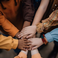 Hands of a group of children holding hands together. Teamwork concept