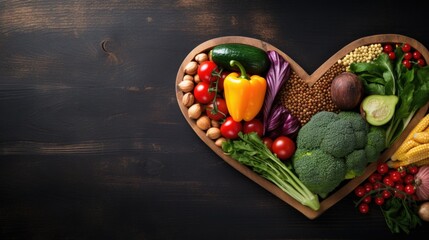 A heart shaped wooden plate filled with vegetables, vegan January challenge.