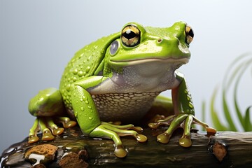 A green frog sitting on top of a wooden log