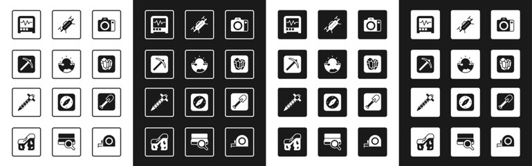 Set Photo camera, Earth core structure crust, Pickaxe, Seismograph, Gem stone, Drone, Shovel and Construction jackhammer icon. Vector