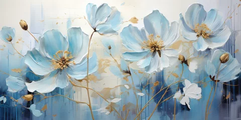 Foto op Canvas Abstract oil painting Blue petals, flowers with golden lines, using a palette knife © Dinara