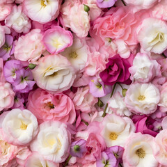 eustoma as a background, white, lilac and pink flowers. floral backdrop. bouquet, top view.