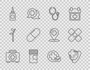 Set line First aid kit, Emergency phone call to hospital, Stethoscope, Medicine bottle, Bottle nasal spray, pill or tablet, Cross medical and Crossed bandage plaster icon. Vector