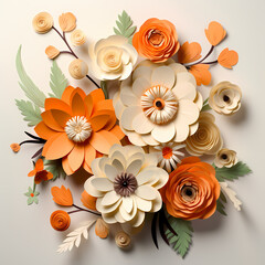 Collage of orange and white paper mache flowers