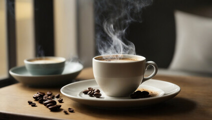 Serene simplicity of a morning coffee ritual with a single coffee cup and milk, and a gently rising wisp of steam against a clean and neutral background. With copy space.