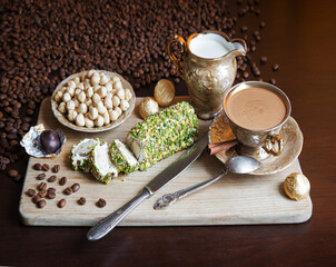 Sweets on the background of coffee on the table