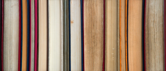 Naklejka premium Old books on shelf. Ancient background