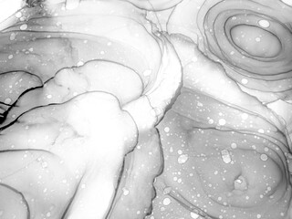 Bleached Water Color Arts. Alcohol Ink Color. Black Water Color Spread. Monochrome Abstract Fluid Pattern. White Alcohol. Canvas Abstract Painting. Clouds Macro.