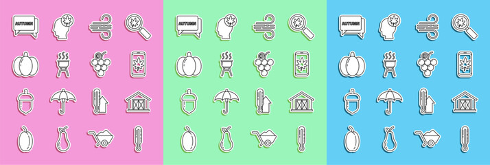 Set line Meteorology thermometer, Farm house, Leaf on mobile phone, Wind, Barbecue grill, Pumpkin, Speech bubble with text autumn and Grape fruit icon. Vector