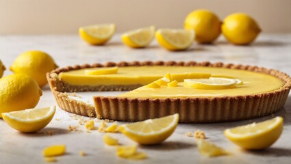 Obraz na płótnie Canvas Lemon tart slices dessert on a clean table. Delicious food concept background. Healthy diet idea. Close up, copy space.