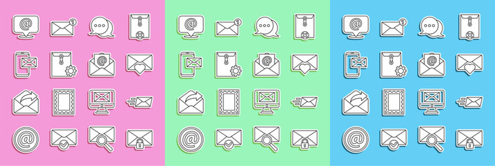 Set line Mail message lock password, Express envelope, Envelope with Valentine heart, Speech bubble chat, setting, Mobile and, e-mail on speech and icon. Vector