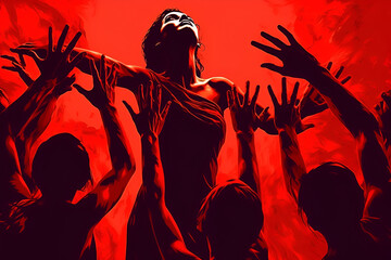 Illustration of a woman reaching for many hands, the concept of human trafficking