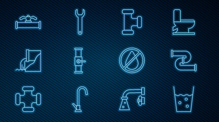 Set line Glass with water, Industry metallic pipe, and valve, Wastewater, Water drop forbidden and Wrench spanner icon. Vector