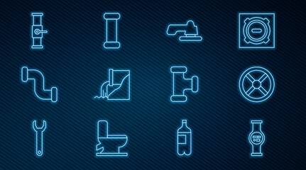 Set line Water meter, Industry valve, tap, Wastewater, metallic pipe, and, and icon. Vector