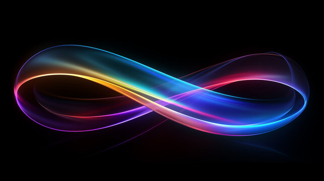 Rainbow neon lights in infinity style on black background.