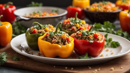 Quinoa stuffed peppers on a white platter, showcasing the vibrant colors of the dish with clean,...