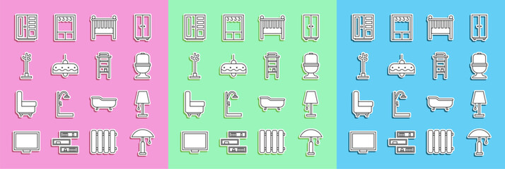 Set line Table lamp, Toilet bowl, Baby crib cradle bed, Chandelier, Coat stand, Wardrobe and Bathroom rack with shelves for towels icon. Vector
