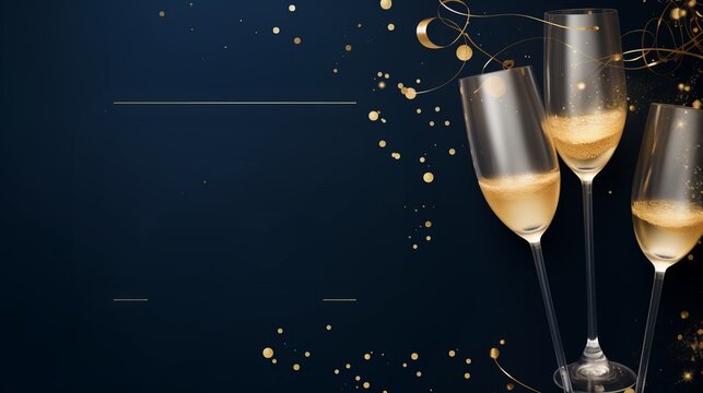 Dark blue festive invitation banner with elegant typography and a champagne glass on the right side of which you can place information about the event