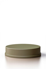 A round table with a white base on a white surface, empty podium mockup for beauty product