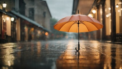 Single umbrella standing on empty street at dusk. Minimal abstract weather and season concept. Autumn vibes idea. With copy space.