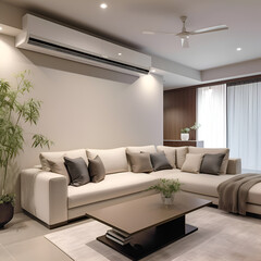 Modern living room interior with air conditioner and sofa. 3d rendering