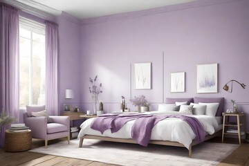 purple interior of the room with purple bed and white pillow  with purple back wall and dressing set with purple wedding bed 
purple interior modern bedroom luxurious full furnished 