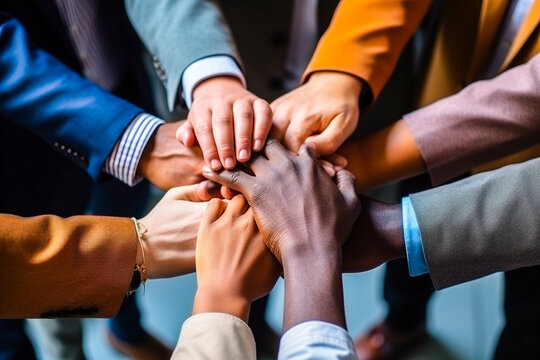 Groupe de gens multiculturels mettant leurs mains les unes sur les autres pour valider leur engagement de groupe