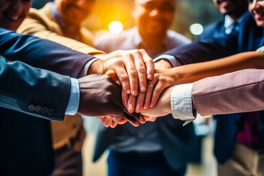 Groupe de gens multiculturels mettant leurs mains les unes sur les autres pour valider leur engagement de groupe