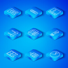 Set line Drawer with documents, Printer, Glue, Movie, film, media projector, Office folders, Router and wi-fi signal, Pencil sharpener and Pie chart infographic icon. Vector