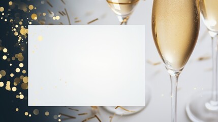 Two glasses of champagne with blank paper card on bokeh background - obrazy, fototapety, plakaty
