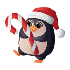 Сute merry christmas penguin holding a sweet striped lollipop. Happy penguins mascot celebrate new year. Сharacter bird for xmas greeting gift tag, card, postcard. Winter is coming, warm wishes.
