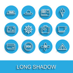 Set line Credit card, Location with SOS, Taxi roof, Kayak or canoe, Tourist tent, Ship steering wheel, Coffee cup and Suitcase icon. Vector