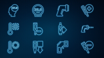 Set line Digital thermometer, Thermometer with snowflake, High human body temperature, and Medical icon. Vector