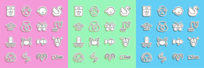 Set line Crocodile, Rhinoceros, Collar with name tag, Puffer fish, Goose bird, Sheep head, Bag of food and Butterfly icon. Vector