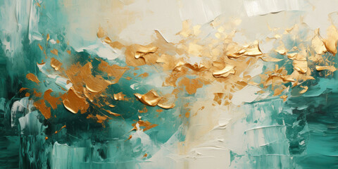 Abstract oil painting: abstract geometric shapes in turquoise and white, gold colors in boho style, artistic texture.