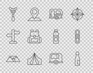 Set line Mountains, Bottle of water, Rv Camping trailer, Tourist tent, Sausage on the fork, Hiking backpack, and Climber rope icon. Vector