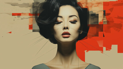 digital art collage ,portrait of a korean lady with colorful art, ai generated