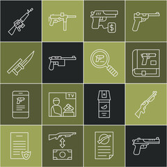 Set line Desert eagle gun, Hunting, Book with pistol or, Buying, Mauser, Bayonet on rifle, M16A1 and Pistol search icon. Vector