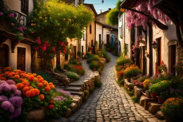 Fototapeta na wymiar A narrow cobblestone pathway winding through the village, bordered by colorful blooming gardens and rustic wooden fences.