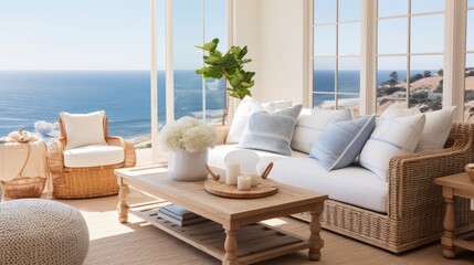 living room interior deisgn with coastal interiod design style white and blue material color scheme and finishing beautiful living room with view window of ocaen beach seascape daylight from window