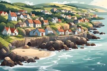 A village nestled by the coastline, with quaint cottages overlooking the sea and waves gently lapping against the rocky shore.