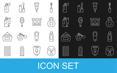 Set line Facial cosmetic mask, Spray can for hairspray, Perfume, Cream lotion tube, Hand mirror, and Eye shadow palette icon. Vector
