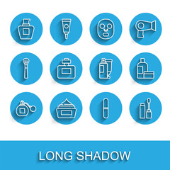 Set line Perfume, Cream or lotion cosmetic tube, Nail file, Mascara brush, and icon. Vector