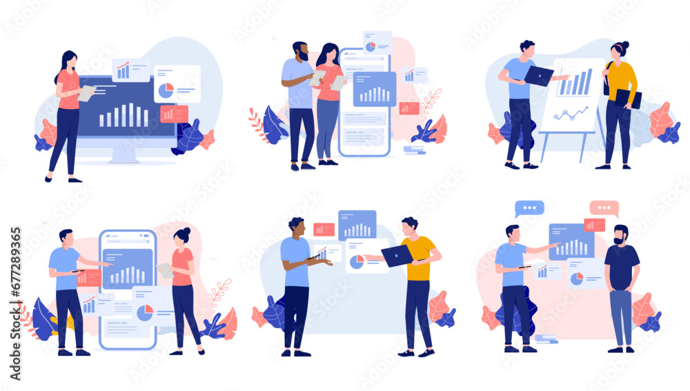 Poster analytics work collection - set of illustrations with businesspeople working looking at graphs, diag