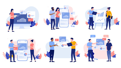 Analytics work collection - Set of illustrations with businesspeople working looking at graphs, diagrams and data. Analysing finances and business result concept in flat design vector © Knut