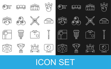 Set line Location with bowling ball, Billiard cue, Case for billiard, Bowling pin, and, and Crossed cues icon. Vector