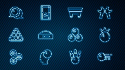 Set line Bowling ball, Billiard table, Case for billiard cue, balls rack triangle, and icon. Vector