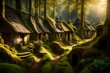 A hidden village nestled in a dense forest, with sunlight filtering through the trees to illuminate moss-covered cottages and pathways.