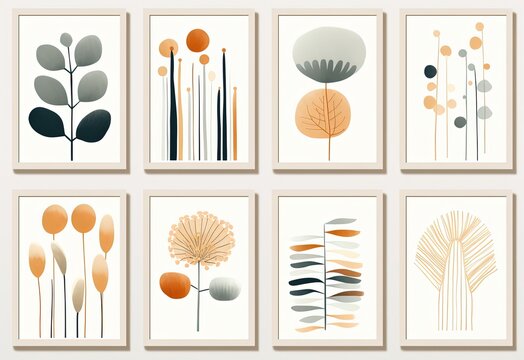 abstract background of art illustration framed in minimalism style, floral boho plant with flower and leaves, mockup idea, Generative Ai