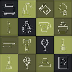 Set line Cookbook, Barbecue spatula, Citrus fruit juicer, Packet of pepper, Stopwatch, Knife, Toaster and Measuring cup icon. Vector